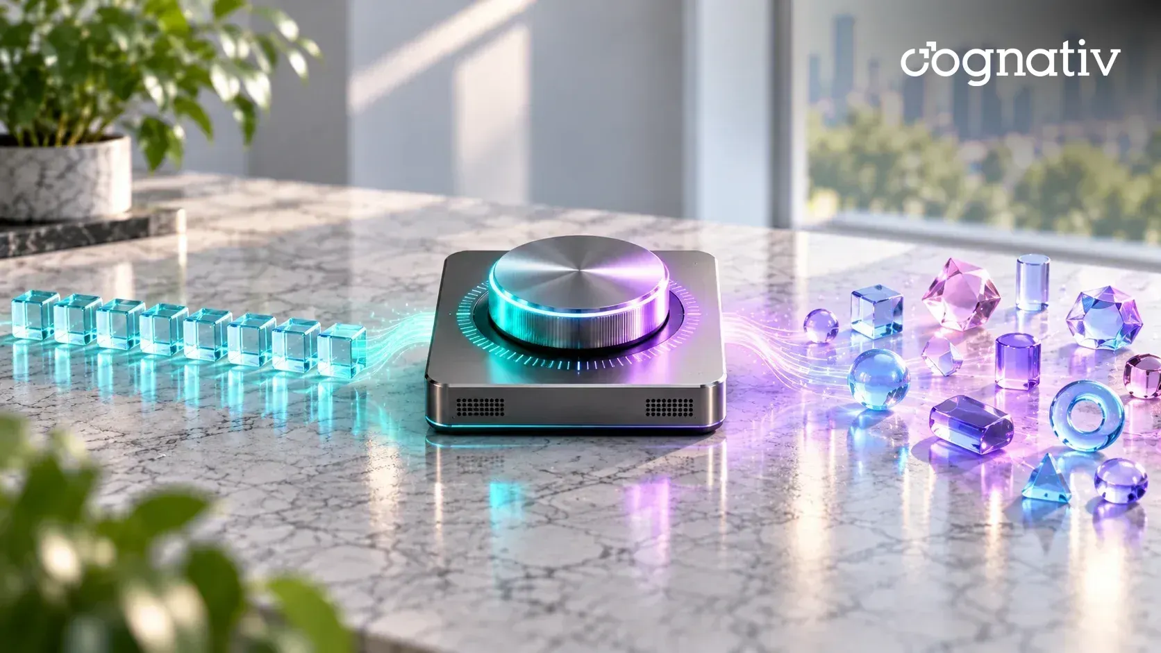 A precision dial on a console turns an orderly row of identical glass tokens into a varied scatter of glass shapes.