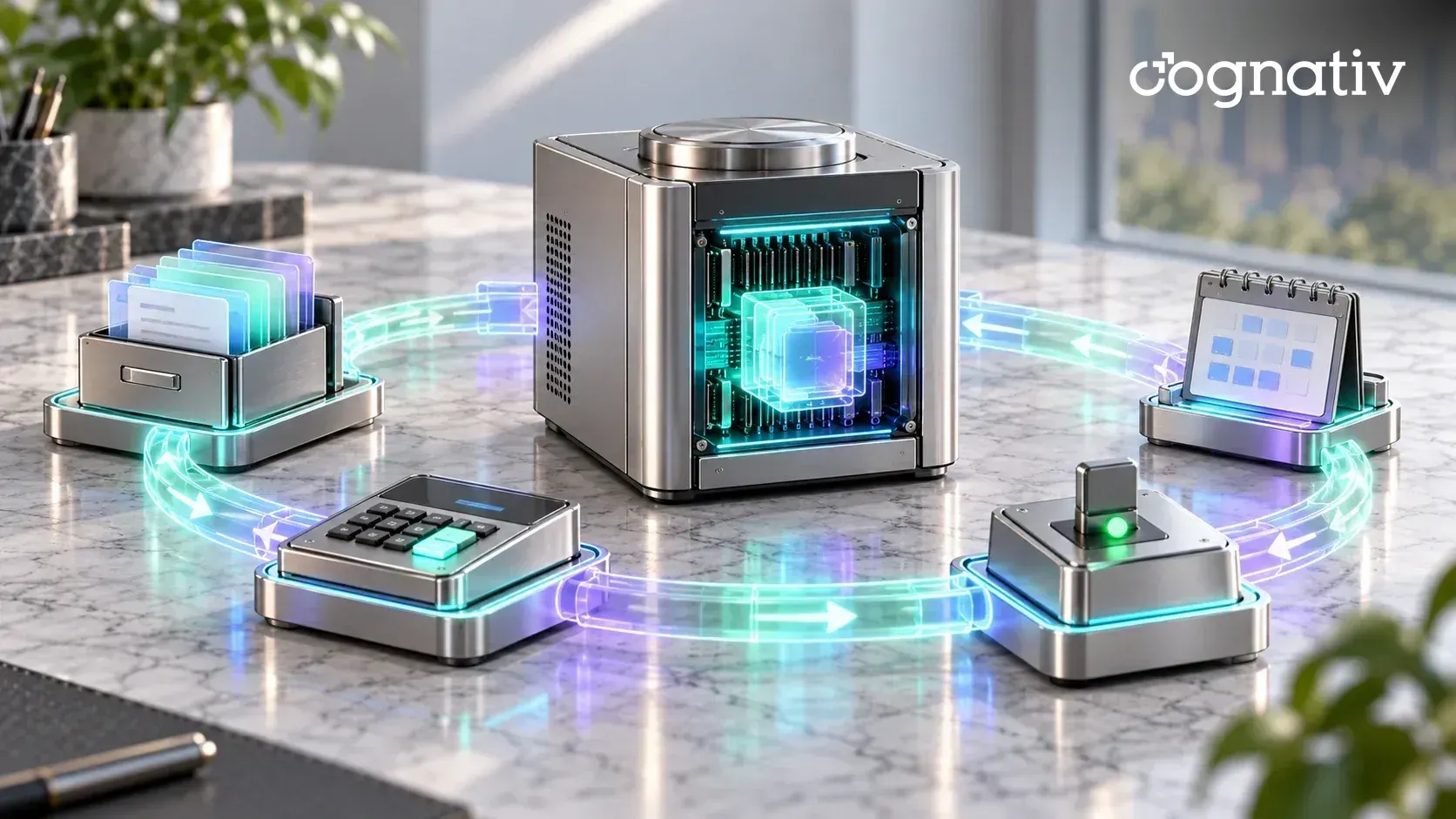 A local AI unit at the center of a glowing loop that connects file, calculator, approval and calendar tool modules.