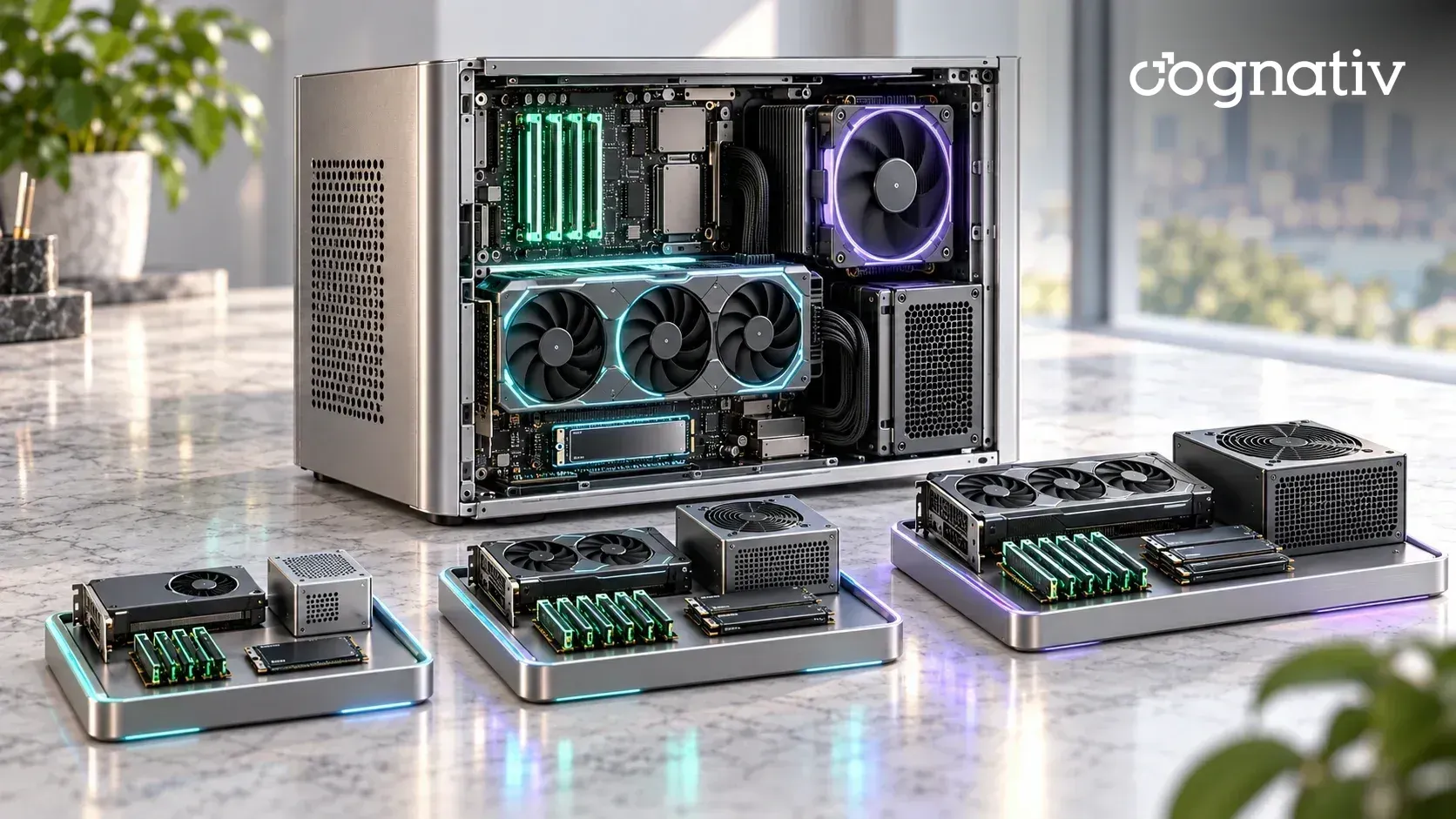 An open workstation chassis with GPU, memory, NVMe and power supply, beside three trays of smaller to larger component tiers.