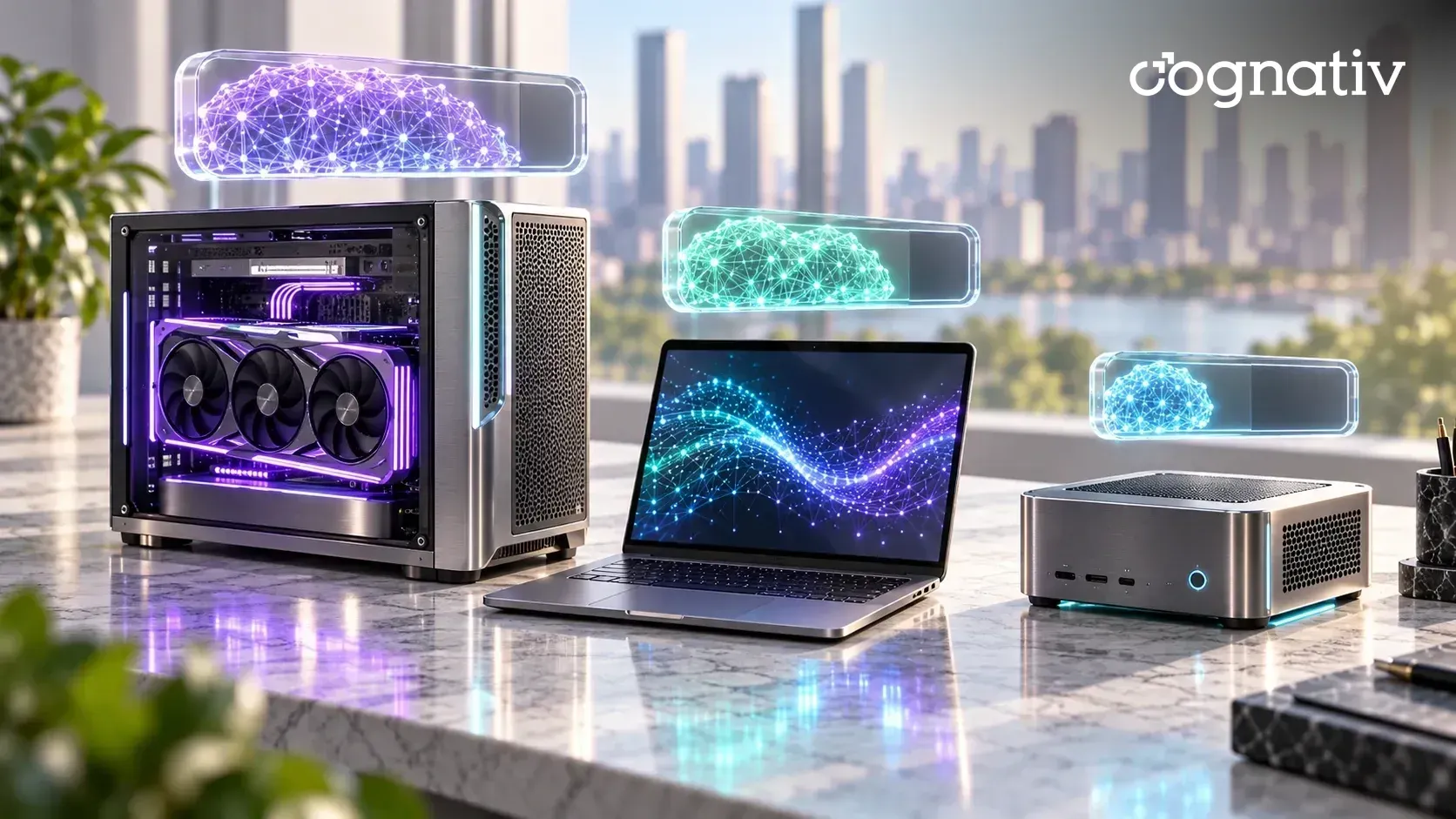 A gaming PC with a GPU, a laptop and a mini PC on a desk, each matched to a glowing model block of a different size.