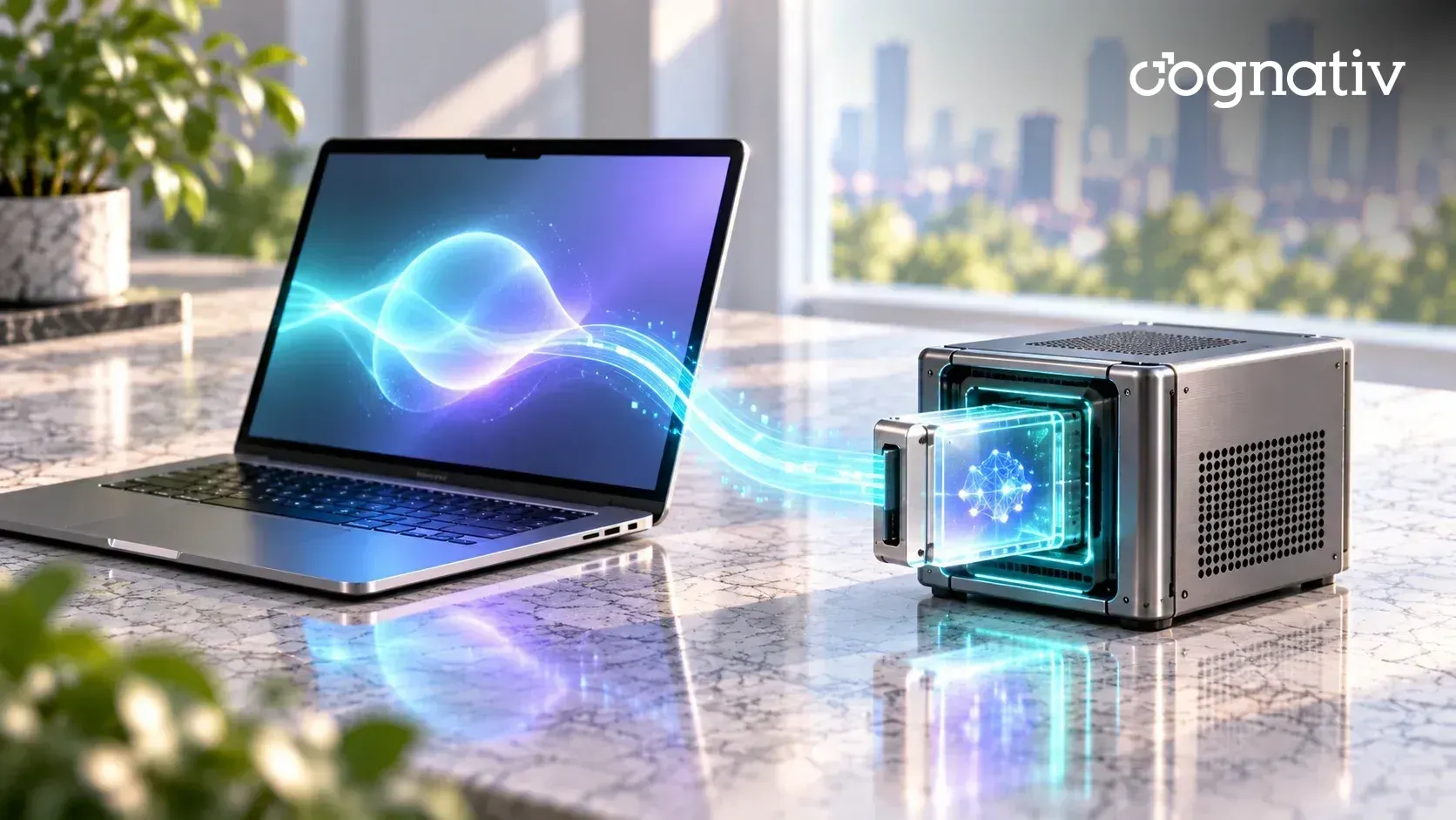 A laptop linked by a glowing light path to a compact mini PC with a glass model cartridge slotted in.