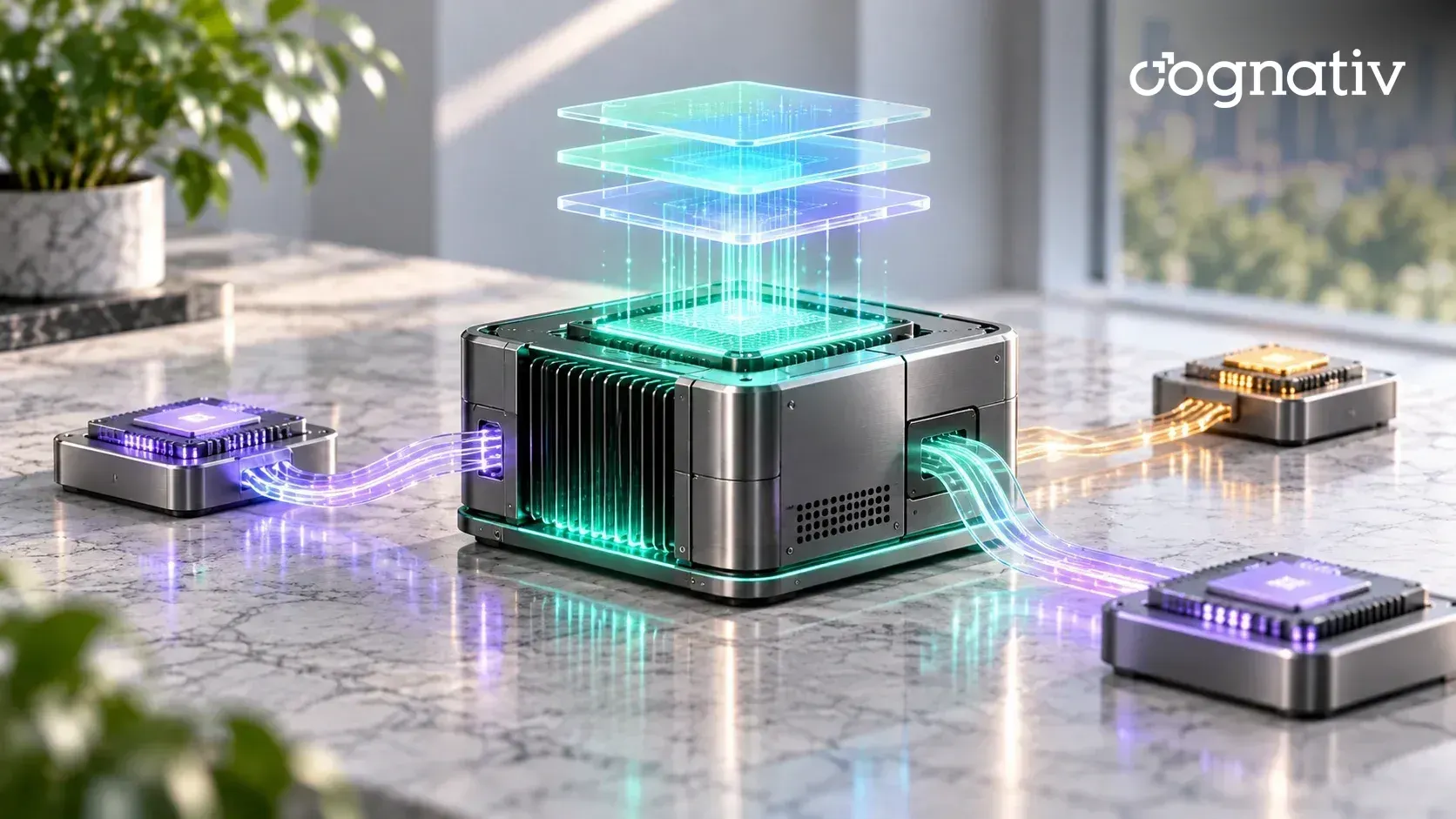 A graphite accelerator module with glowing software layers above it, linked by light paths to three smaller rival chip modules.