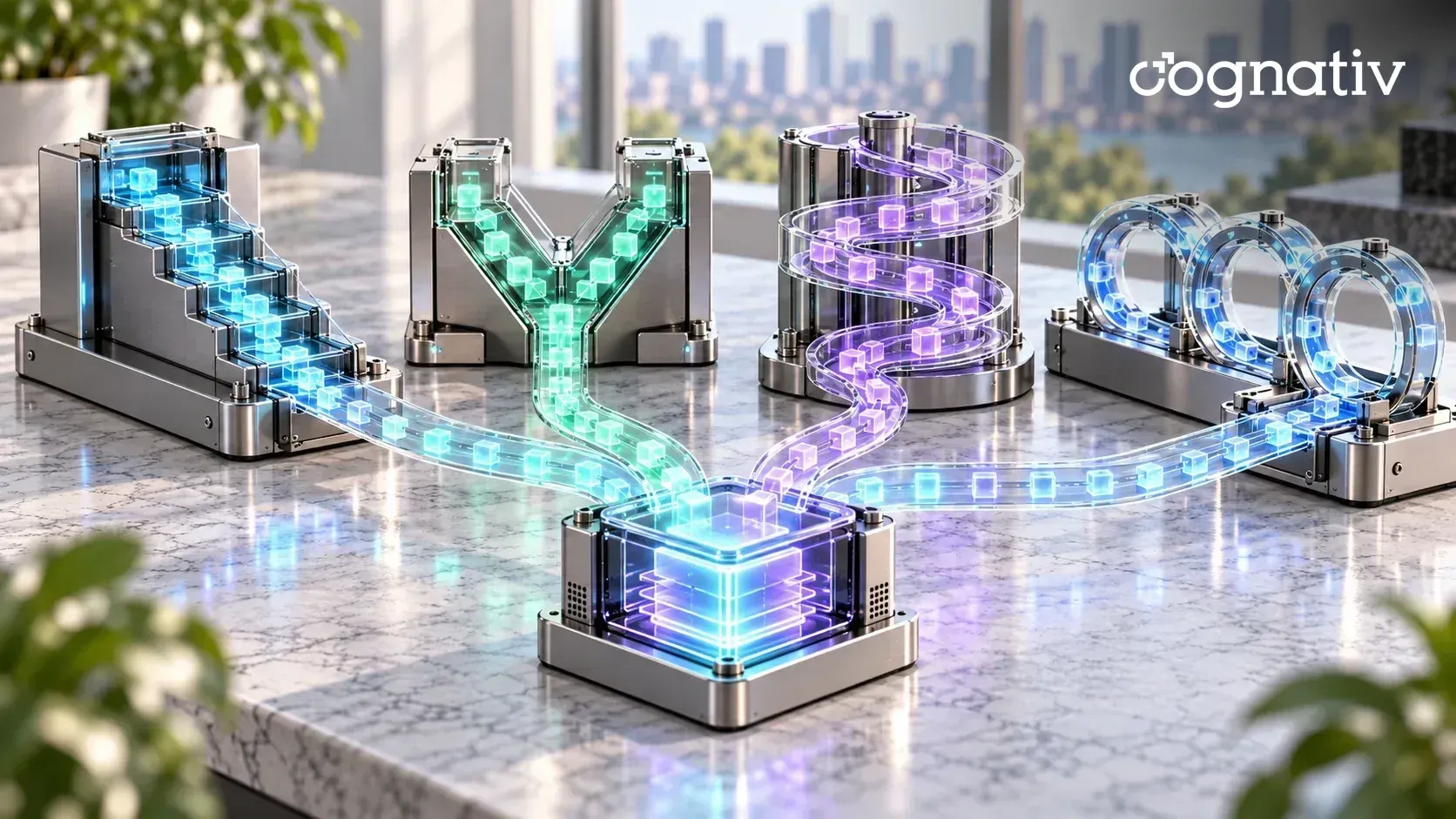 Four glass route modules shaped as a cascade, a V, a spiral and loops, all feeding one glowing finished module.