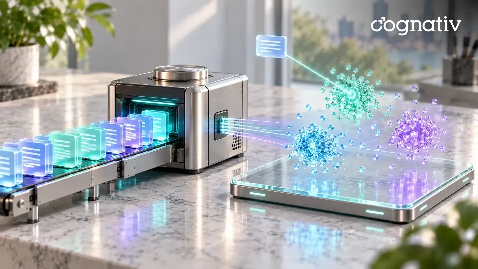 Glass text tiles enter an encoder that turns them into glowing point clusters above a glass base, with a query beam to the nearest cluster.