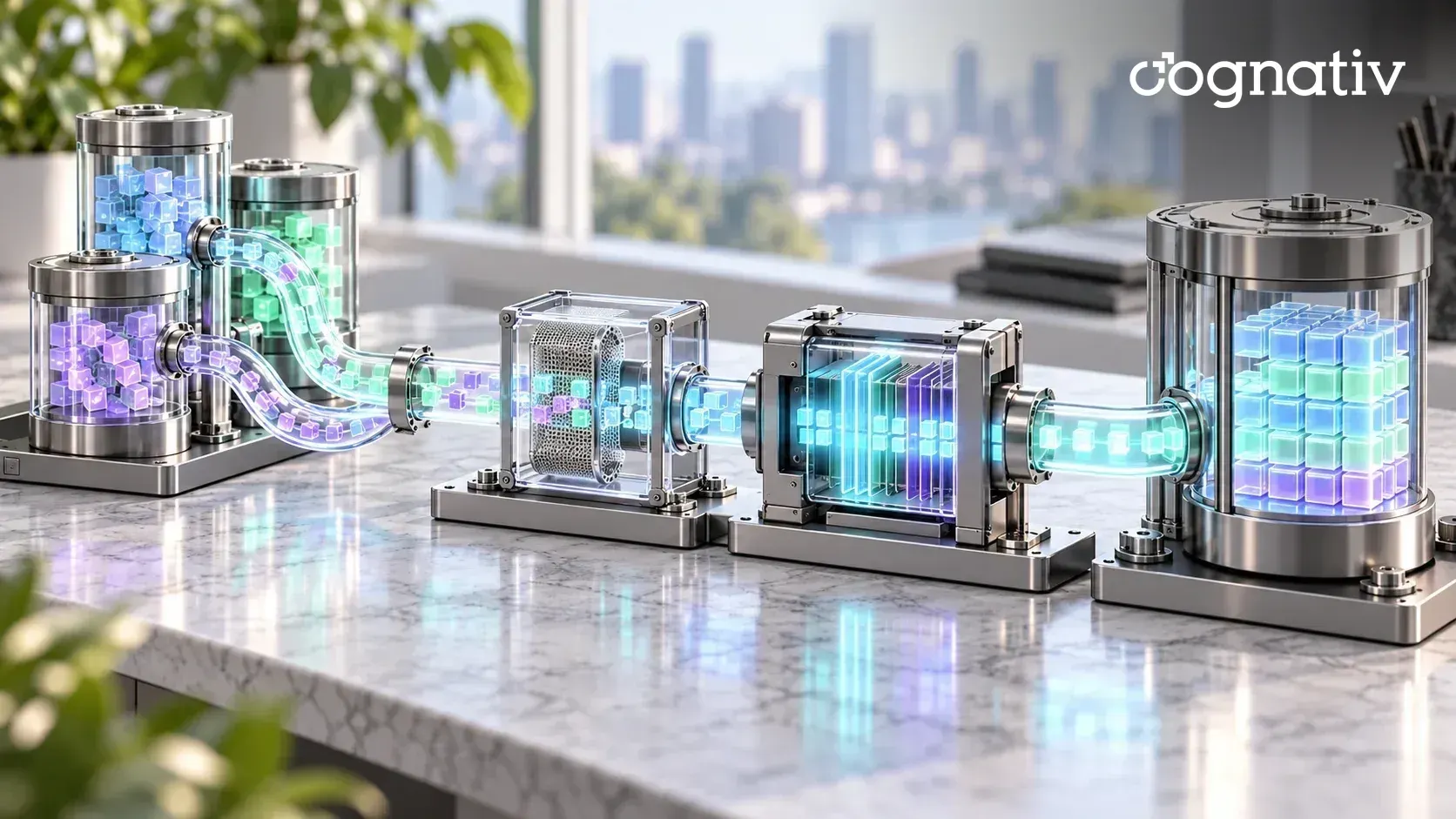 Glass pipes carrying glowing cubes from source canisters through filter and transform modules into a storage tank.