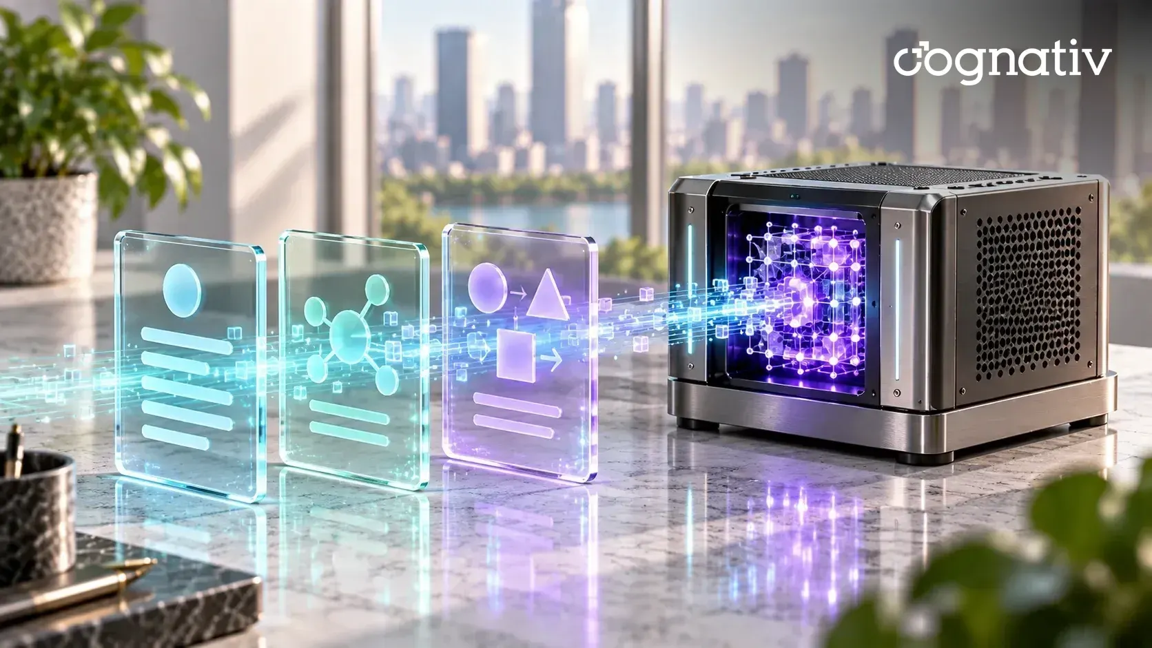 Three glass panels showing instructions, context and examples streaming into a compact AI server glowing purple.