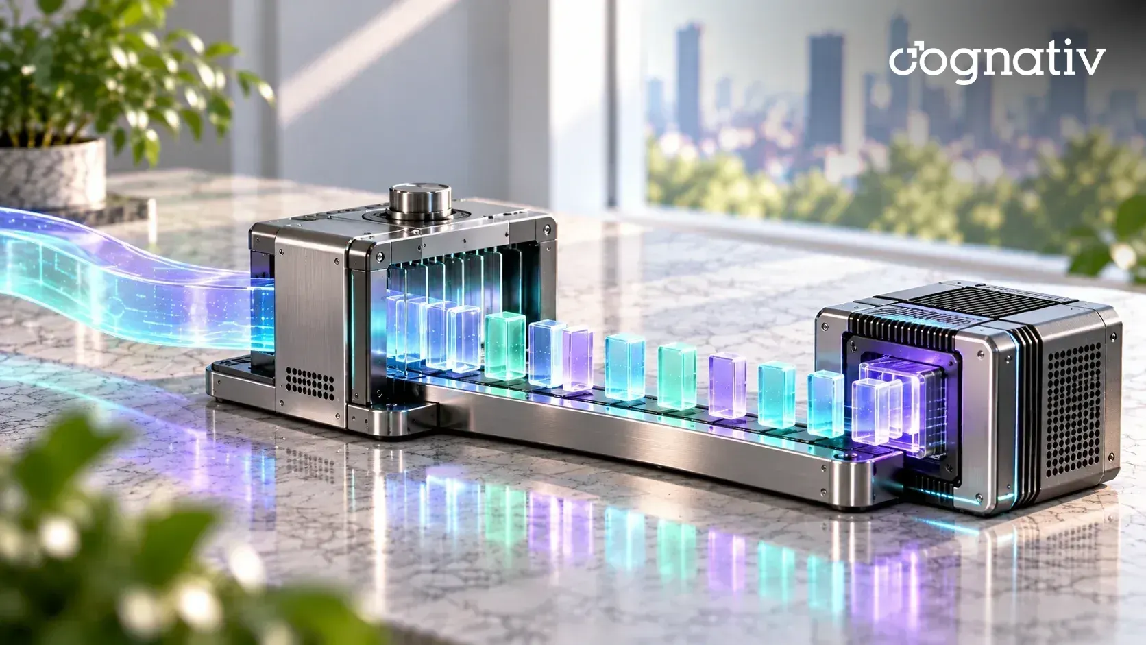 A glowing text ribbon entering a slicing machine and leaving as a row of small glass token tiles that flow into a model core.