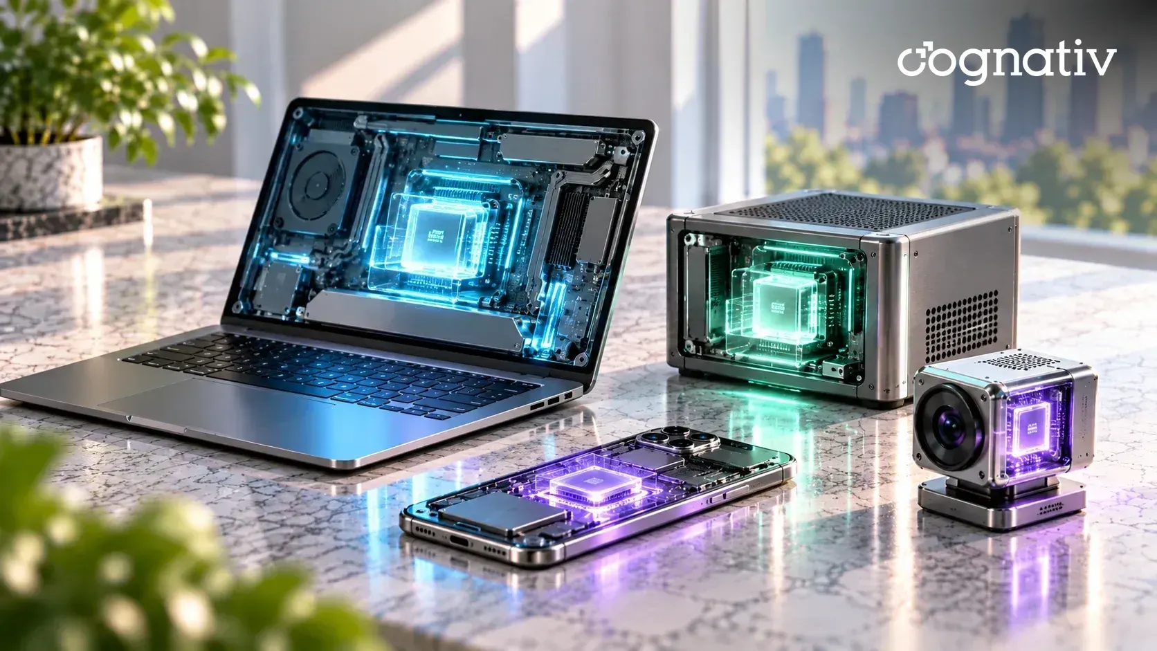 A laptop, smartphone, mini PC and edge camera, each with a glowing AI chip visible inside.