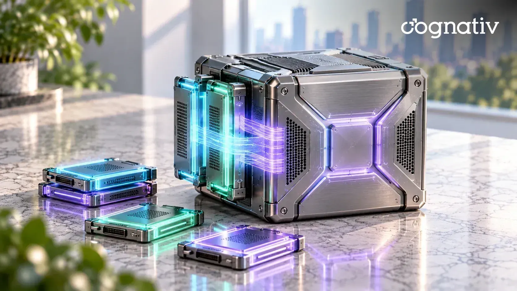A large aluminum base-model block with slim glowing adapter plates attached and spare adapters resting beside it.