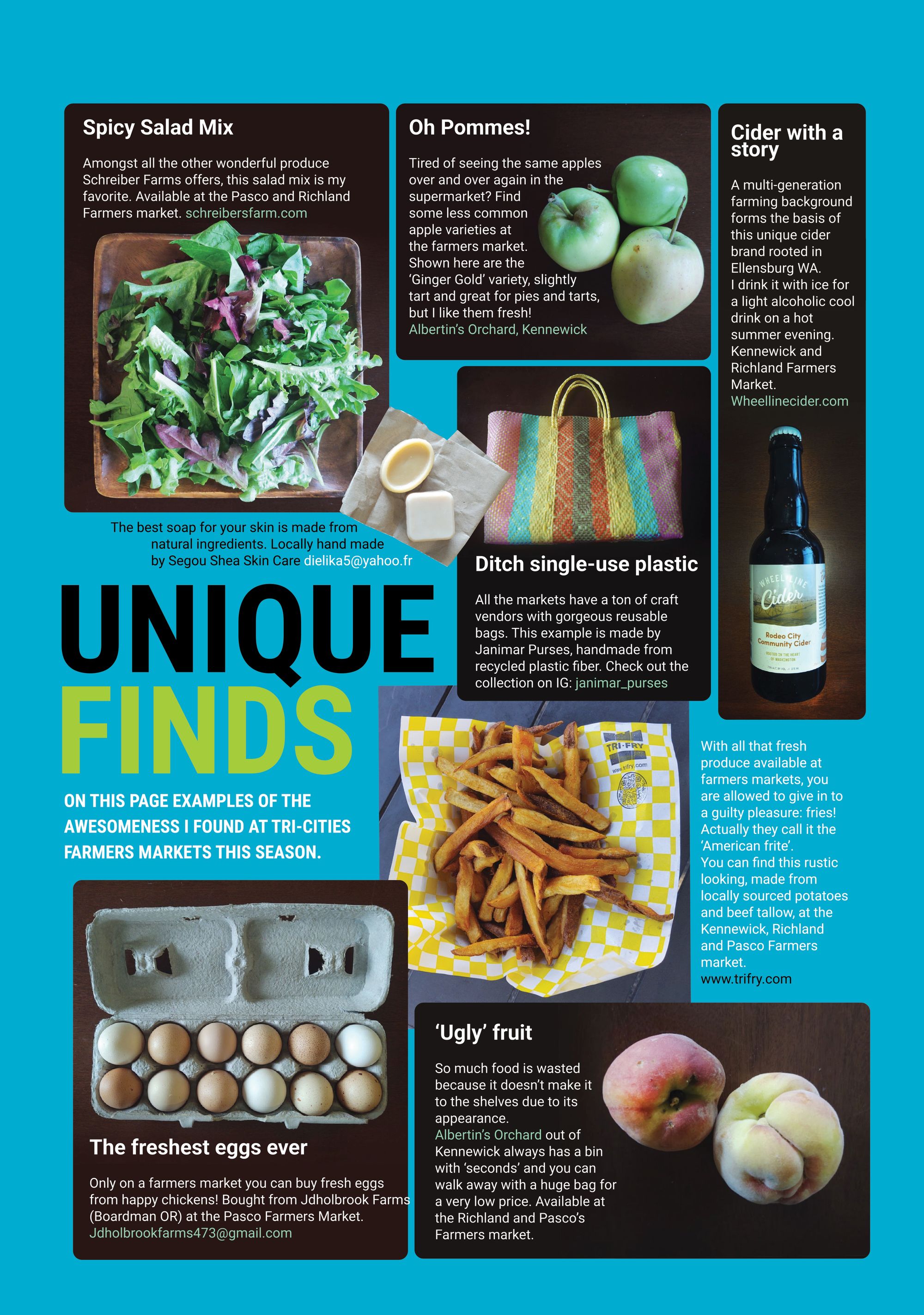 Unique Finds: Images & text that include: spicy salad mix, uncommon apple varieties, cider, fresh eggs, American frite, and discounted 'ugly' fruit