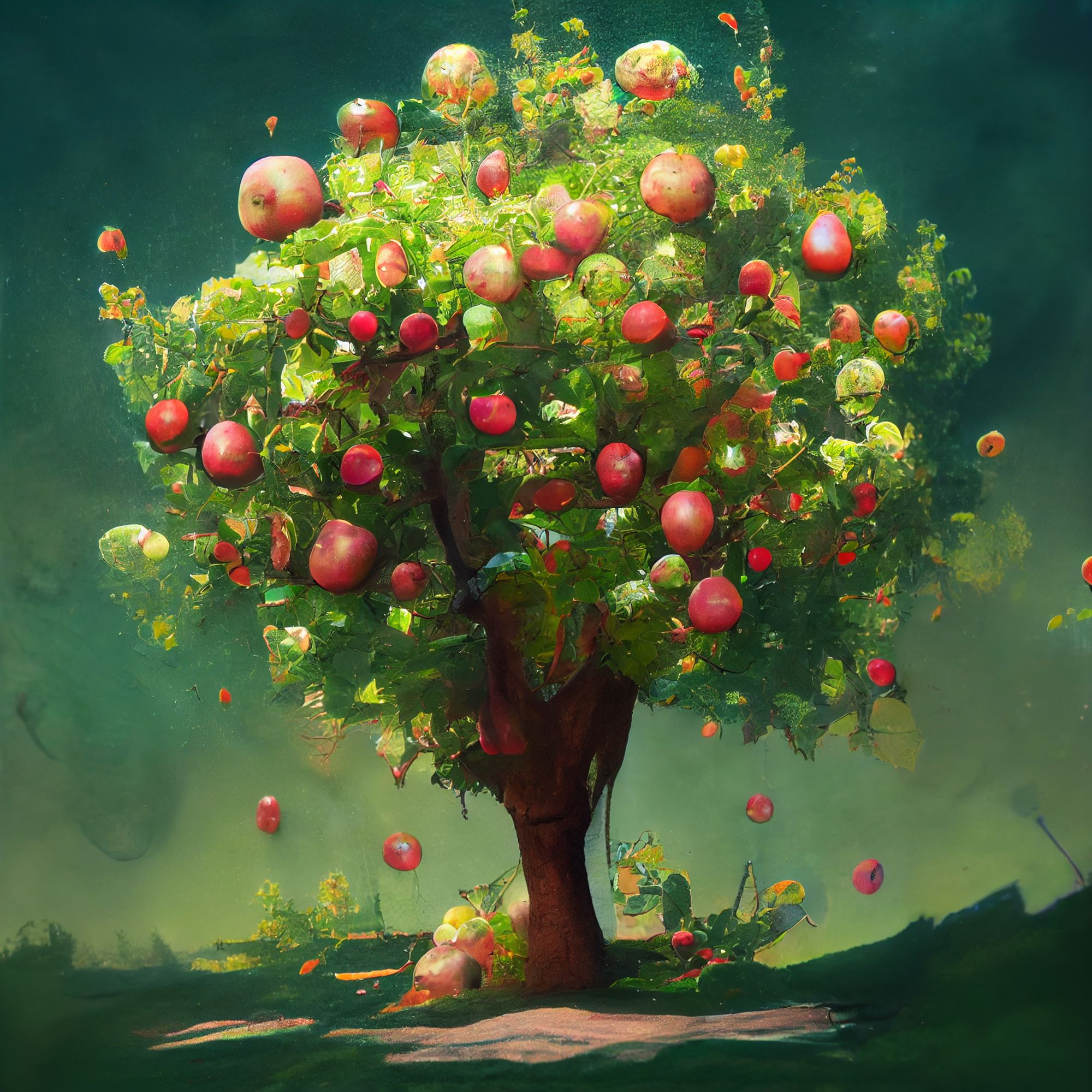 Weird looking apple tree with both ripe and unripe fruit