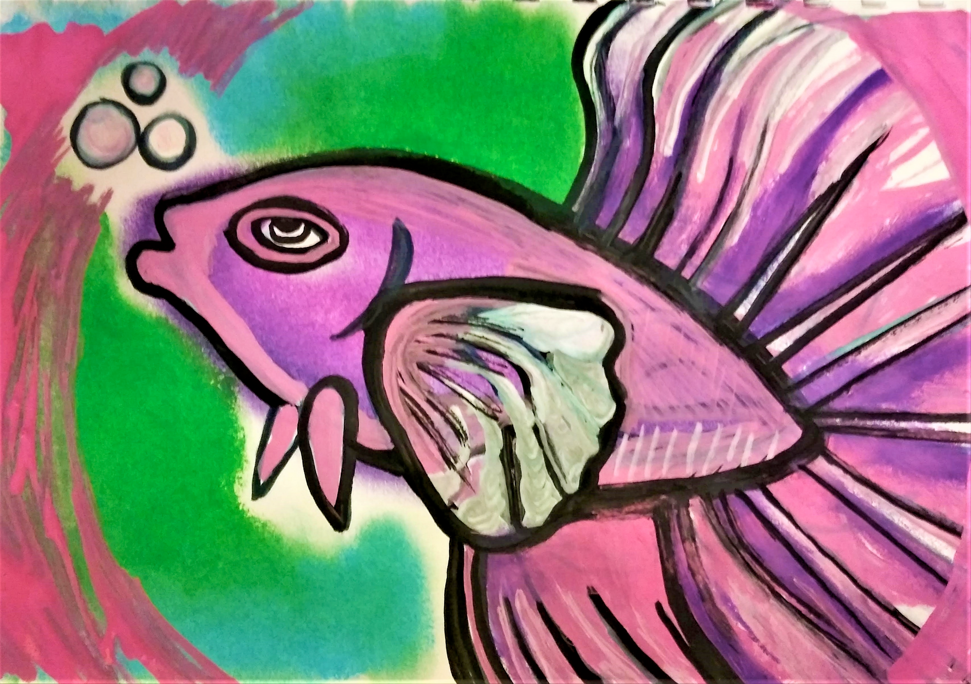Painting of a colorful, pink fish