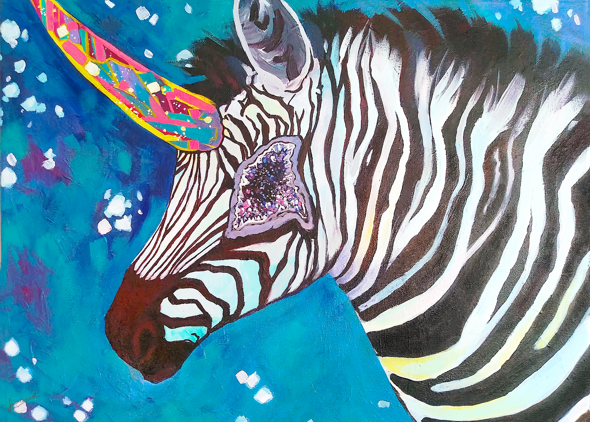 Painting of side view of a zebra with colorful unicorn horn and a crystal geode for an eye