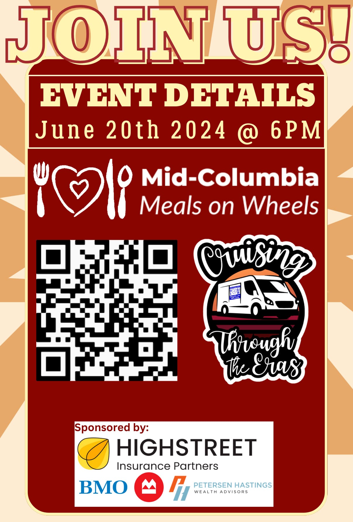 A poster with the event details about "Cruising for the Years"