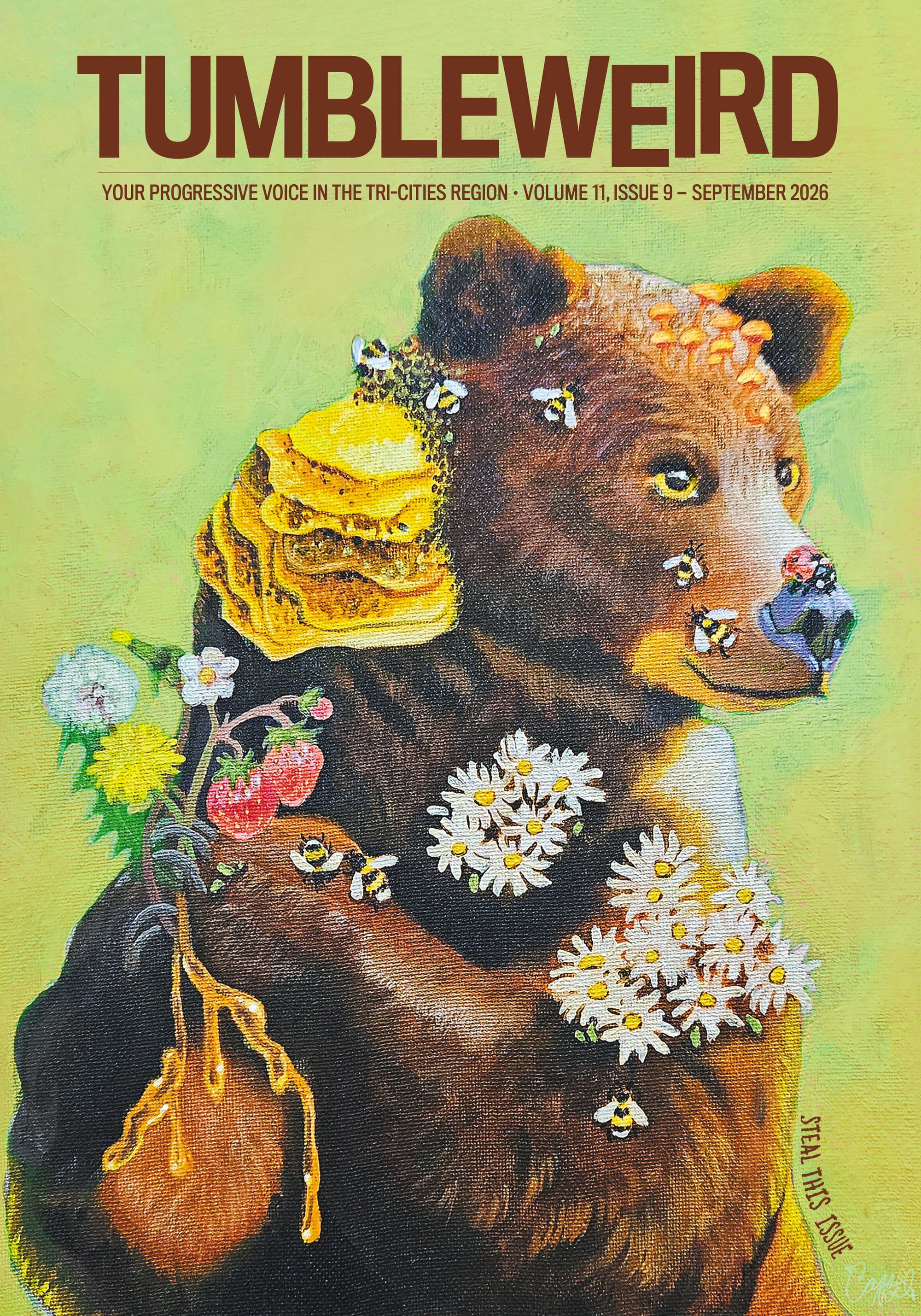 Painting of a bear with honey, strawberries, flowers, bees, and ladybugs all over him