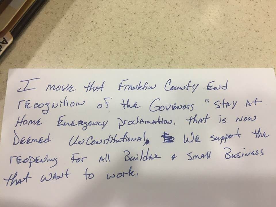 Franklin County Commissioners defy governor's orders, say they're not going out on a limb, proceed to go out on a limb