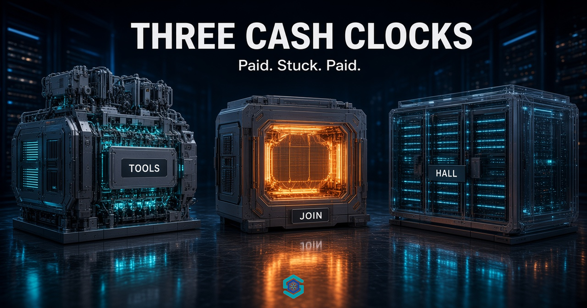 Three cash clocks: tools paid, join stuck, hall paid
