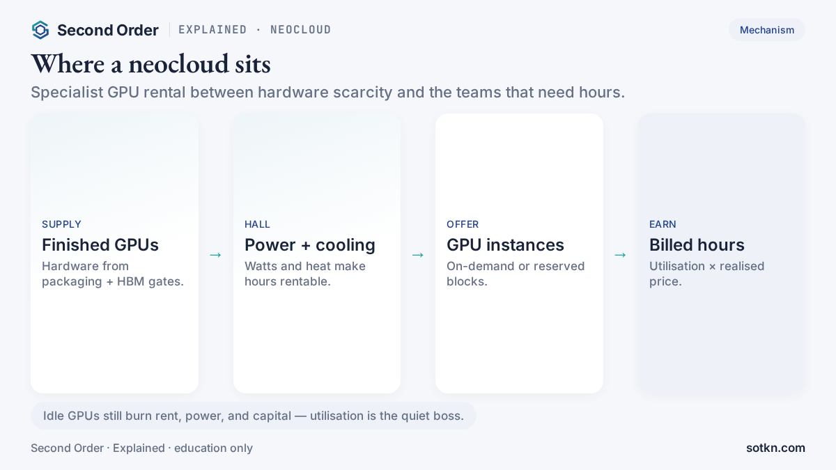 Where a neocloud sits — finished GPUs, power hall, instances, billed hours