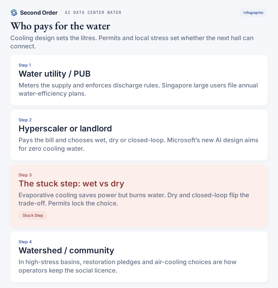 Who pays for AI data center water: utility or PUB, hyperscaler or landlord, stuck step wet versus dry cooling, watershed and community