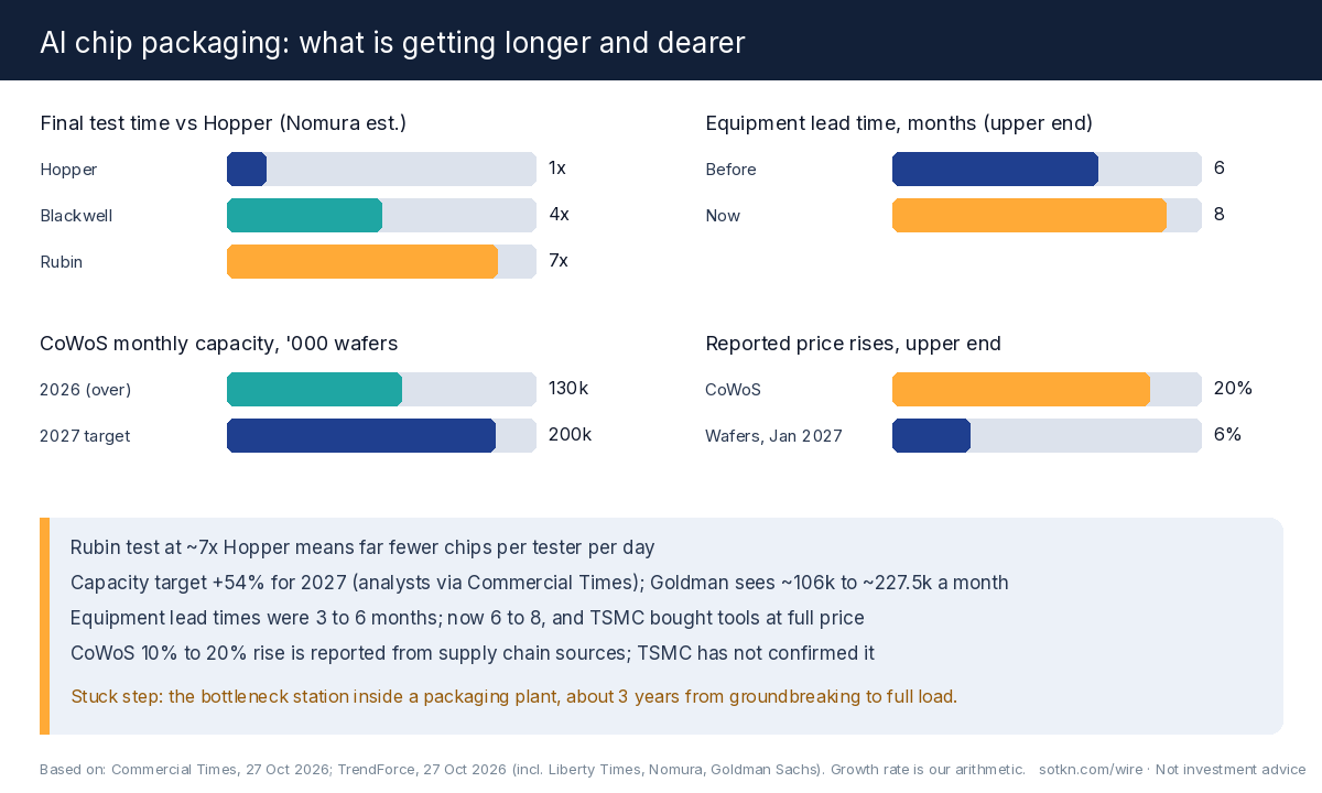 Bar charts of what is getting longer and dearer in AI chip packaging: final test time of Blackwell at about 4x Hopper and Rubin at about 7x, equipment lead times of 3 to 6 months rising to 6 to 8, CoWoS monthly capacity of about 130,000 wafers in 2026 and a 200,000 target for 2027, and reported price rises of 10% to 20% for CoWoS and 3% to 6% for wafers from January 2027