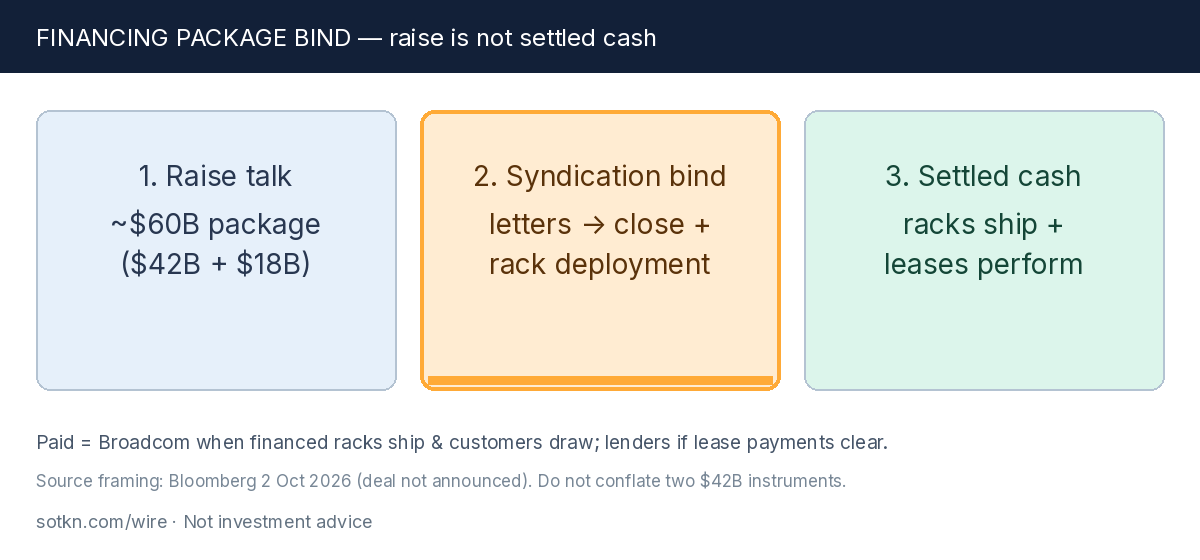 Financing package bind — raise is not settled cash