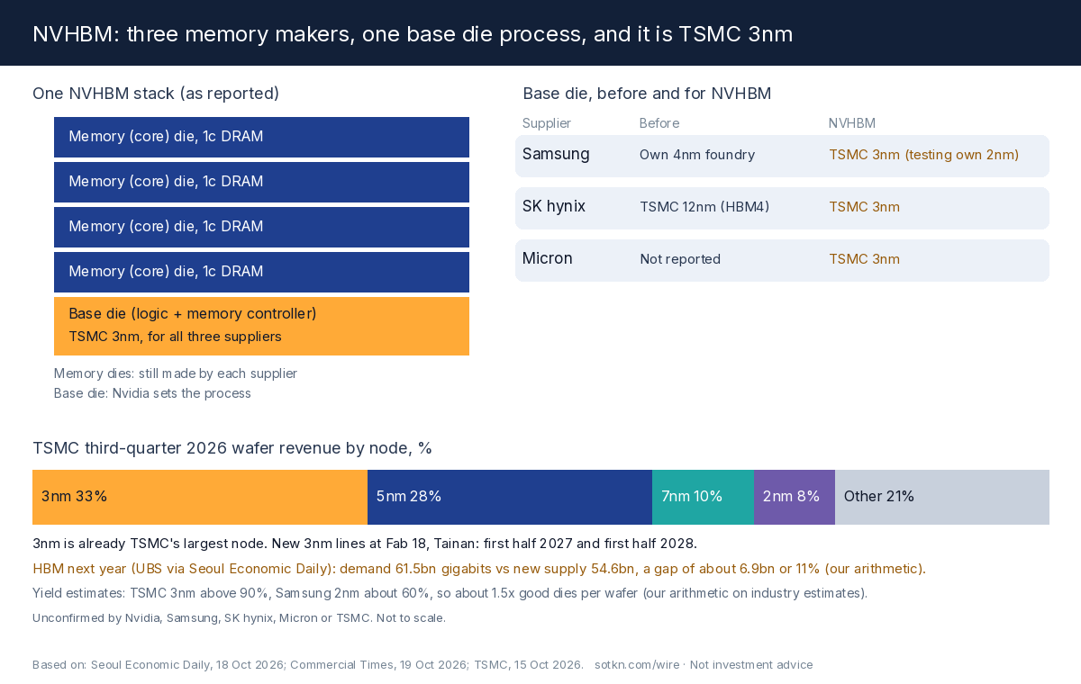 NVHBM base die ledger: three memory makers, one base die process at TSMC 3nm, and TSMC's 3nm lines already its largest node