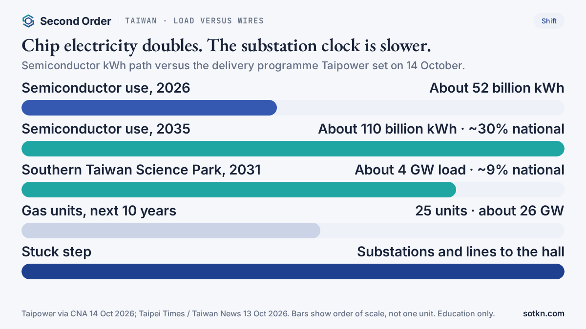 Chart of where Taiwan's power bind sits: semiconductor kWh growth versus the substations and lines that must catch up