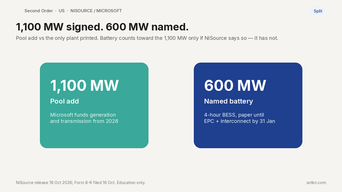 Two blocks: 1,100 MW pool add versus 600 MW named battery for Microsoft Indiana