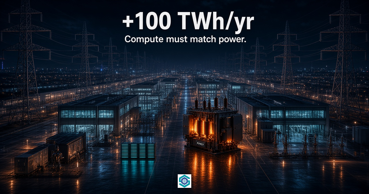 +100 TWh/yr — data-centre campus beside a substation lit amber.