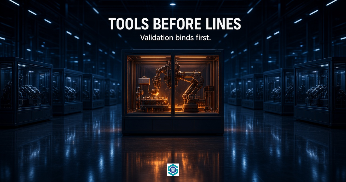 TOOLS BEFORE LINES — a packaging tool under test on a validation line, lit amber.
