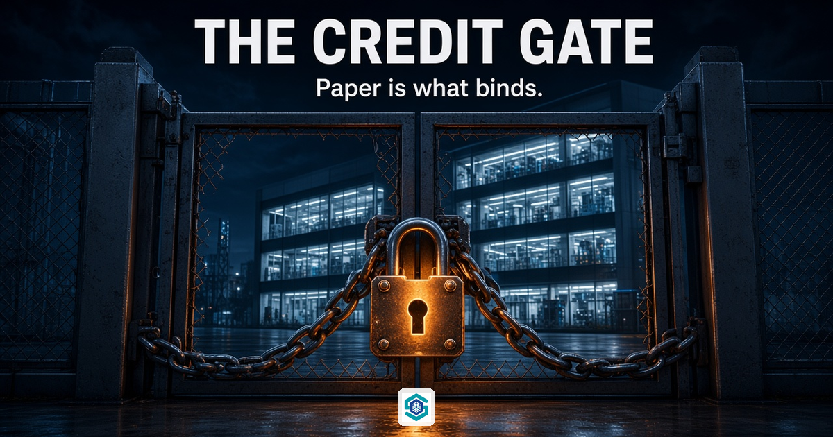 Photoreal locked industrial gate in front of a lit data-centre hall. Overlay: THE CREDIT GATE / Paper is what binds.