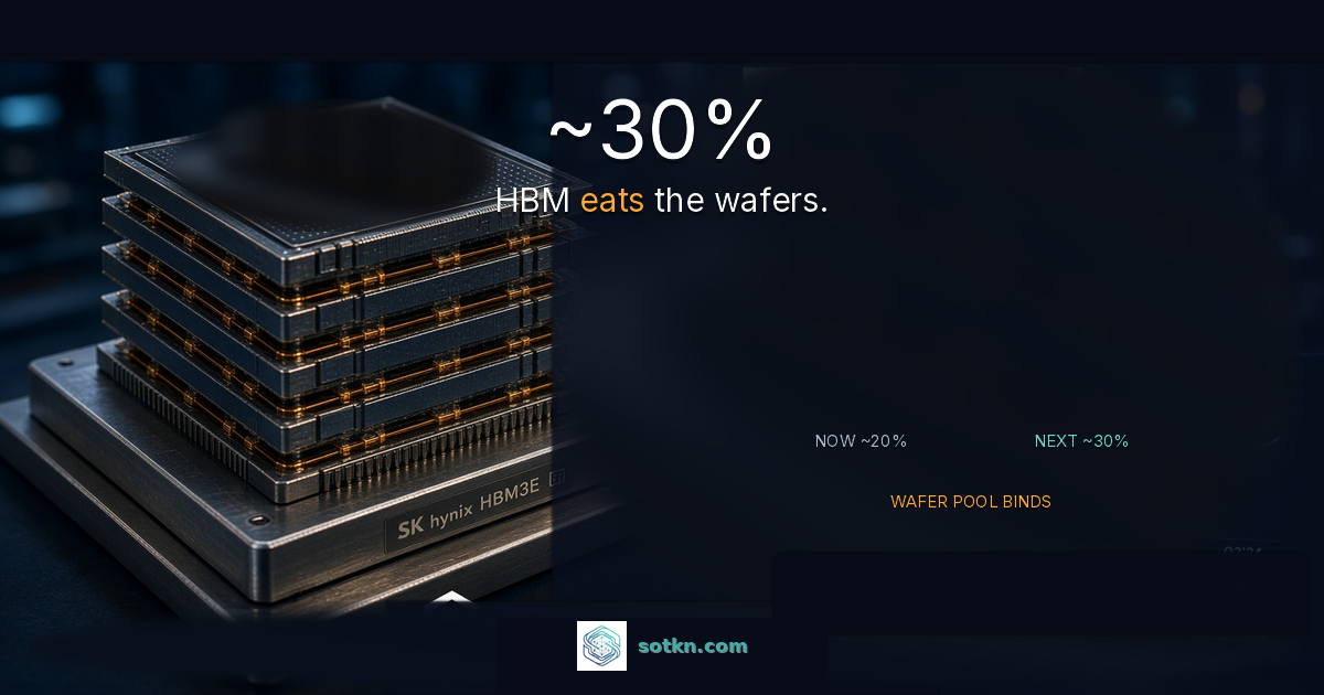 Korea Markets featured Sep 2026: HBM stack photoreal; ~30% HBM eats the wafers; wafer pool binds. Second Order.