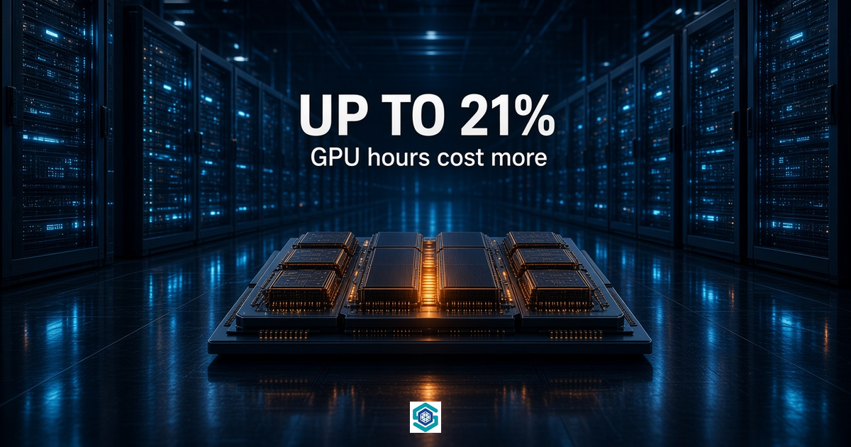 UP TO 21% — GPU hours cost more. Photoreal GPU tray lit amber in a dark data hall.