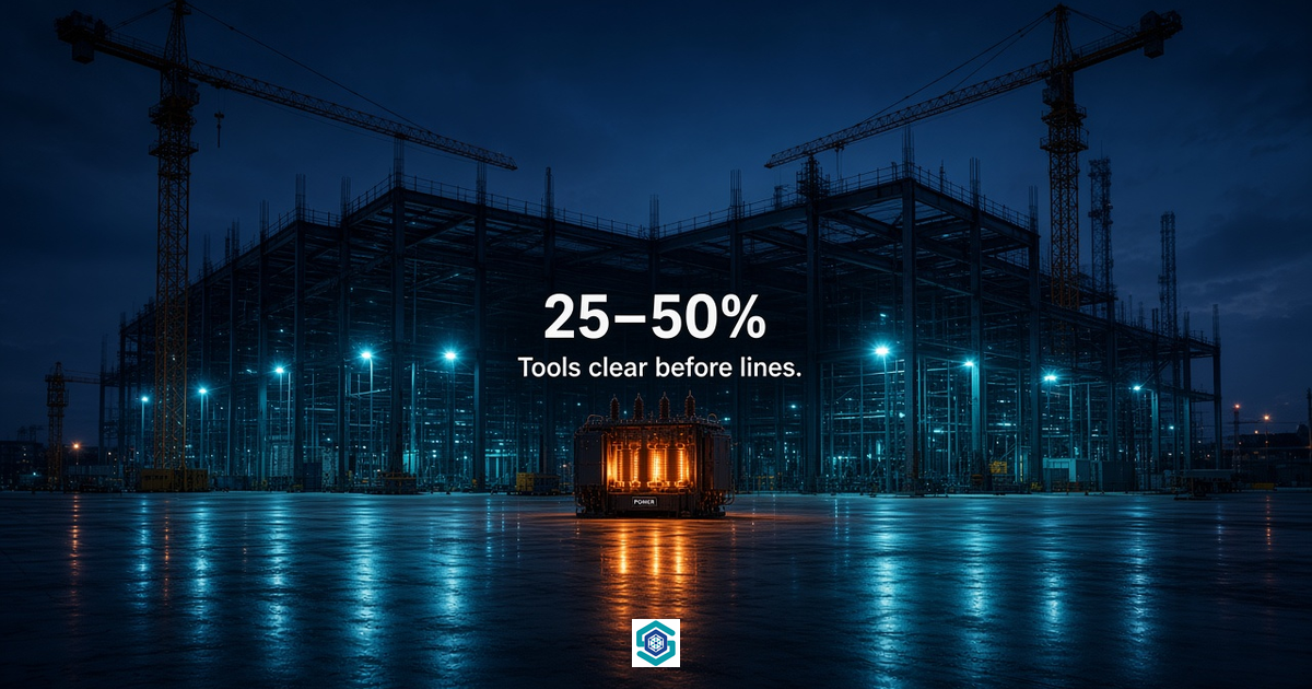 25–50% — a lit validation module on a new packaging park site at dusk.