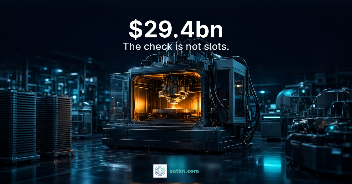 Photoreal CoWoS-style packaging tool with amber chamber glow; overlay $29.4bn, The check is not slots.