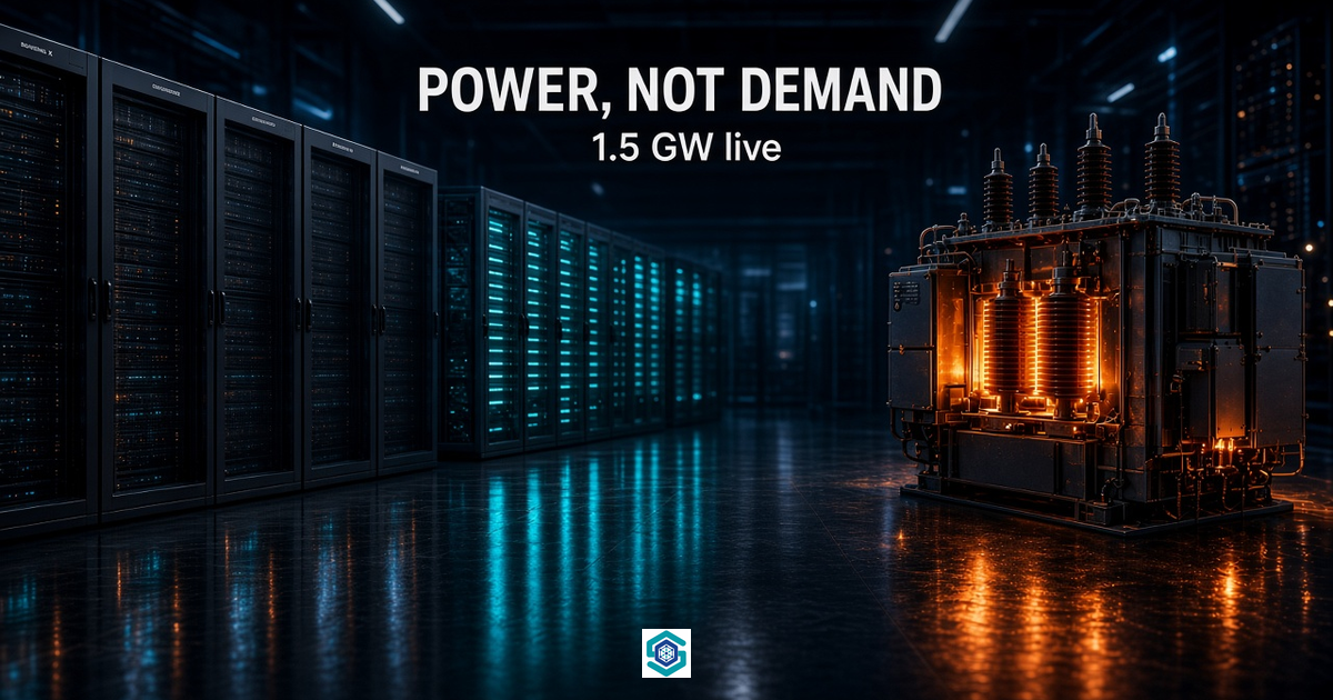 POWER, NOT DEMAND — 1.5 GW live. Photoreal GPU hall with the power transformer as the bind.