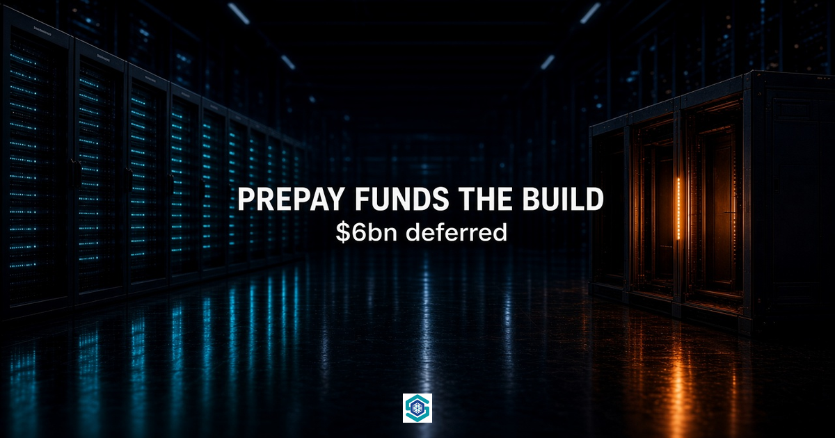 Photoreal GPU hall: live racks on the left, an empty amber-lit rack on the right. Overlay: Prepay funds the build, $6bn deferred.