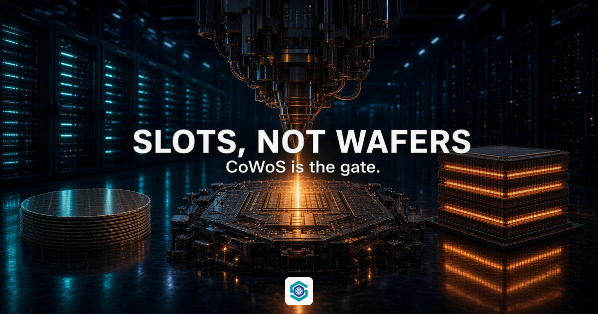Photoreal CoWoS attach line: waiting wafers, amber join on an interposer, HBM stacks. Overlay: SLOTS, NOT WAFERS. CoWoS is the gate.