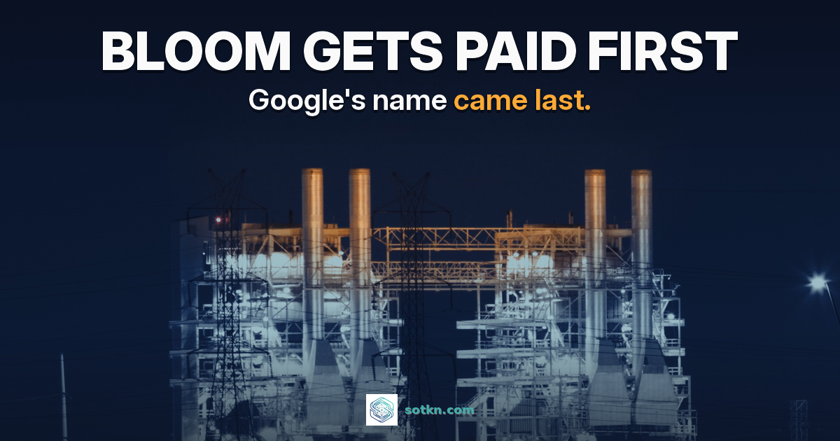 Bloom gets paid first. Google's name came last. A gas-fired power plant lit at night under a navy sky. Illustrative photo, not the Cheyenne site.