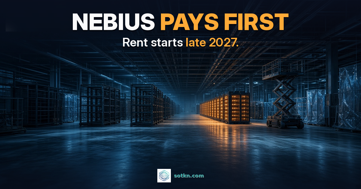 Nebius pays first. Rent starts late 2027. An unfinished AI data hall with empty rack frames and one finished row of racks glowing amber.