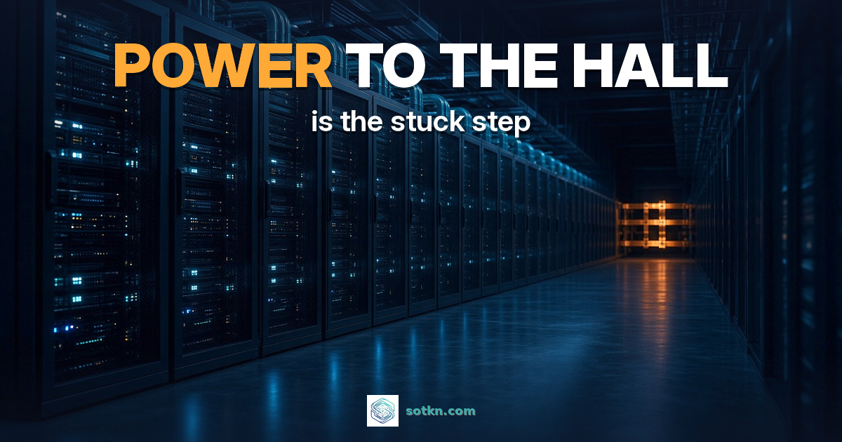 What is an AI data center — POWER TO THE HALL is the stuck step: a dark AI data hall with rows of racks and one amber-lit power feed at the end of the aisle