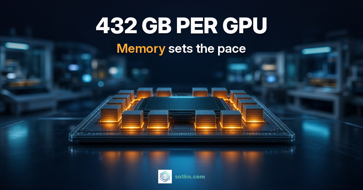 432 GB per GPU. Memory sets the pace. A close-up of an AI accelerator package in a dark clean room, its ring of stacked HBM memory chips lit amber.