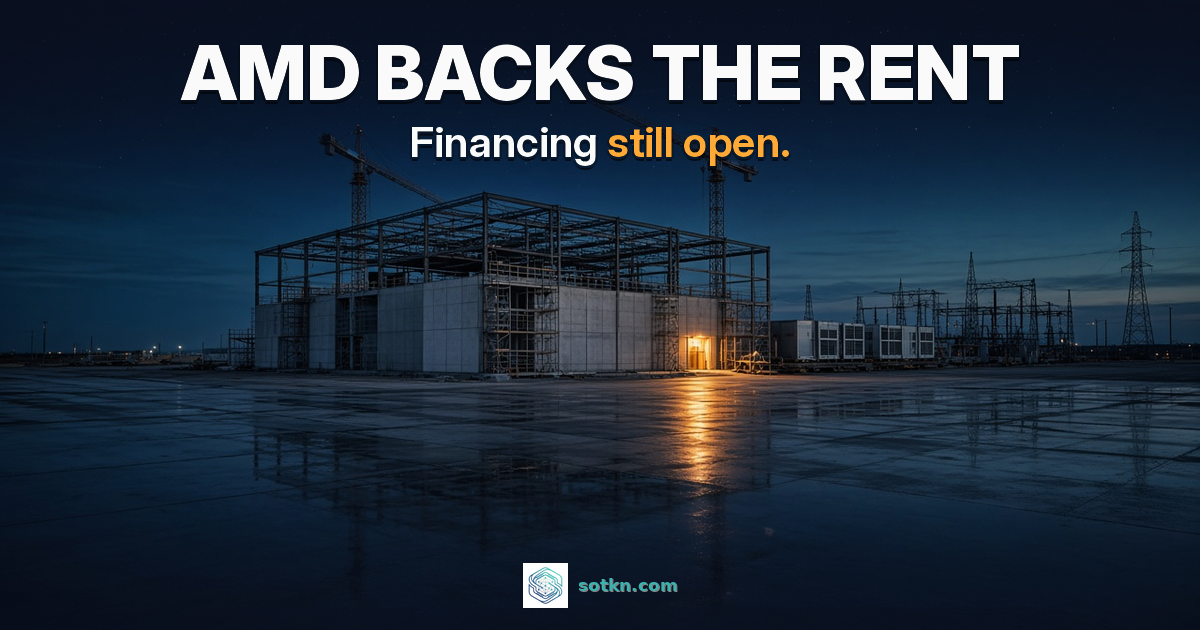 AMD backs the rent. Financing still open. A data center steel frame under construction with cranes, gas generators and a substation at dusk, one amber-lit doorway. Illustrative image.