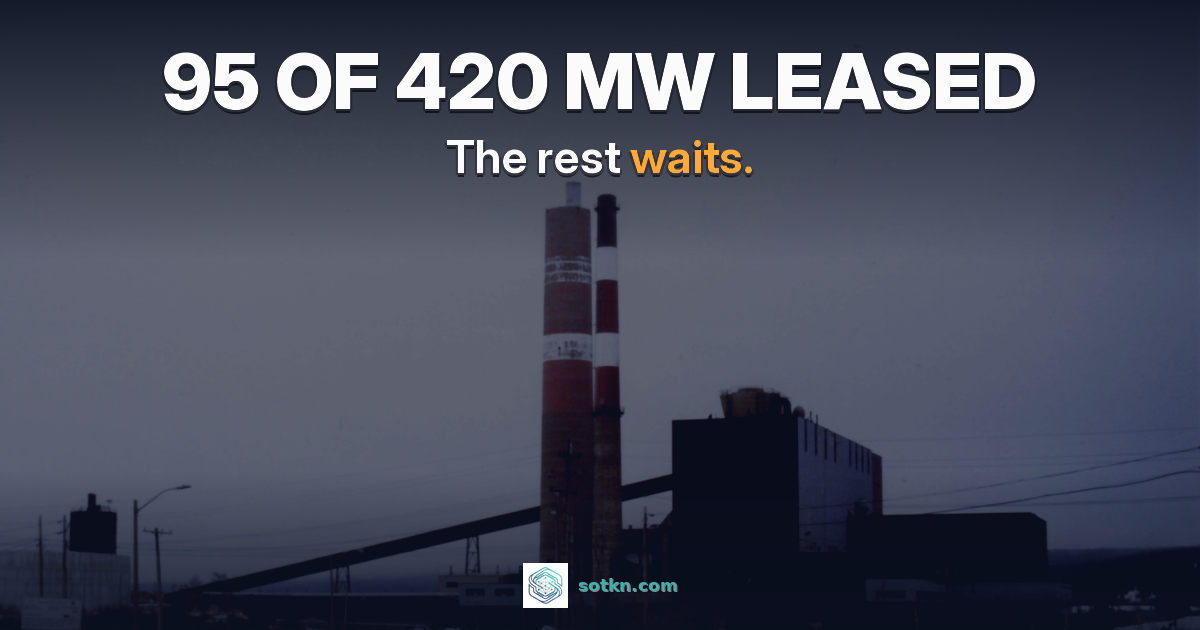 95 of 420 MW leased. The rest waits. The existing generating station at Point Tupper, Nova Scotia, at dusk. Illustrative photo, not the data center campus.