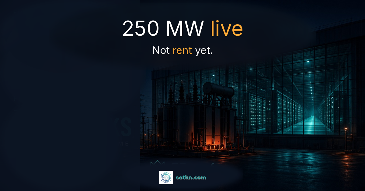 250 MW live — Not rent yet. Applied Digital Ready for Service lifts Polaris Forge 1 to 250 MW; amber on the RFS/rent bind.