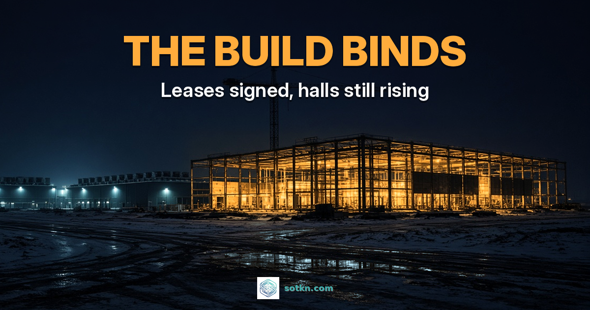THE BUILD BINDS — Leases signed, halls still rising. The steel frame of an unfinished data hall lit amber at night beside finished halls on a snowy prairie campus.