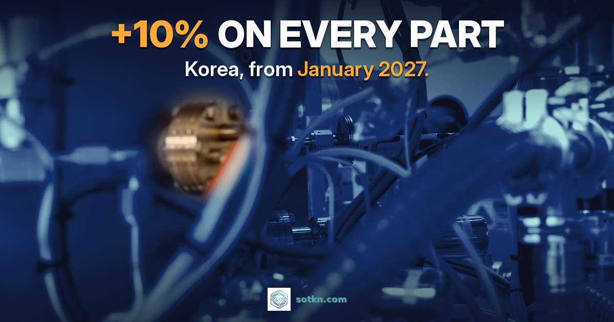 +10% on every part. Korea, from January 2027. Close-up of chip tool internals, hoses and fittings, with one vacuum flange lit amber.