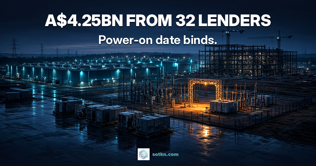 Australia featured: A$4.25bn from 32 lenders, power-on date binds; photoreal Western Sydney data centre campus under construction at dusk with one substation switch glowing amber
