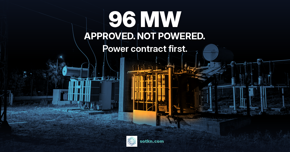 Australia data centre featured: 96 MW approved but not powered; a substation transformer lit amber as the power gate