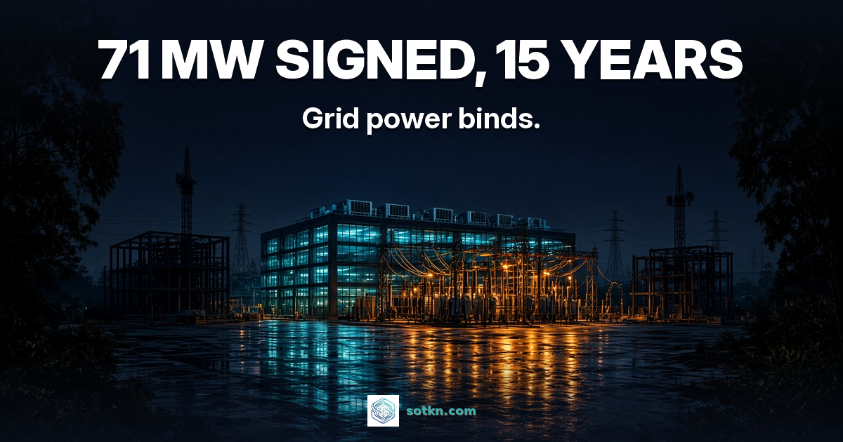 Australia data centre power featured: 71 MW signed, 15 years; photoreal data centre hall at night beside an amber-lit substation, empty plots dark